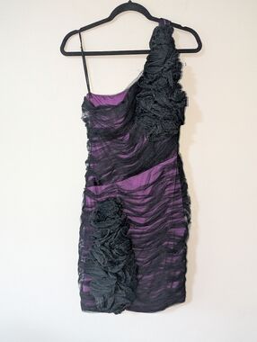 6 Tony Bowls Purple & Black Mesh Cocktail One Shoulder Dress